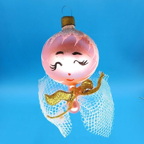 Vintage Pink Glass Angel Ornament • 1960s Japan • White Frosted Hair • Sleepy Ey - Picture 2 of 9